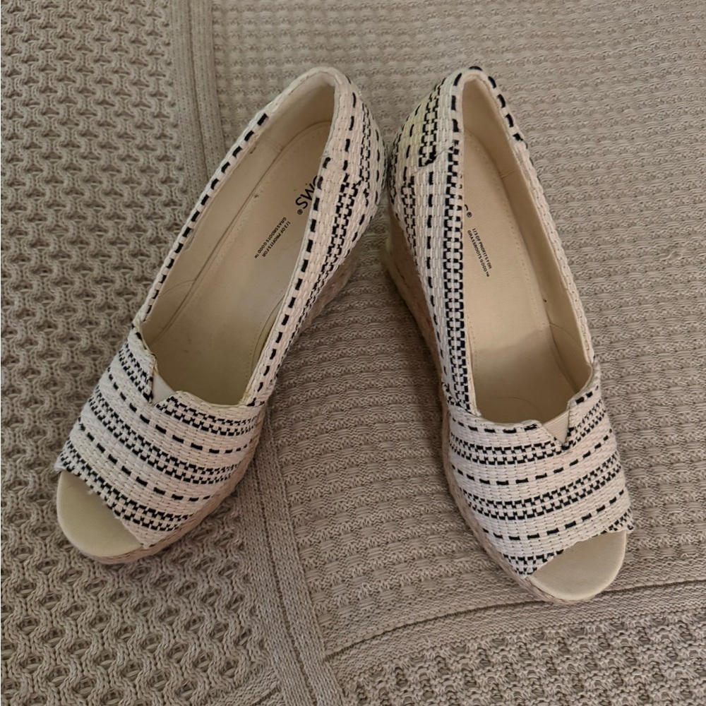 Toms Black and Cream Espadrille Wedges